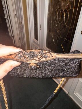 Black Beaded Evening Clutch with Gold Accents